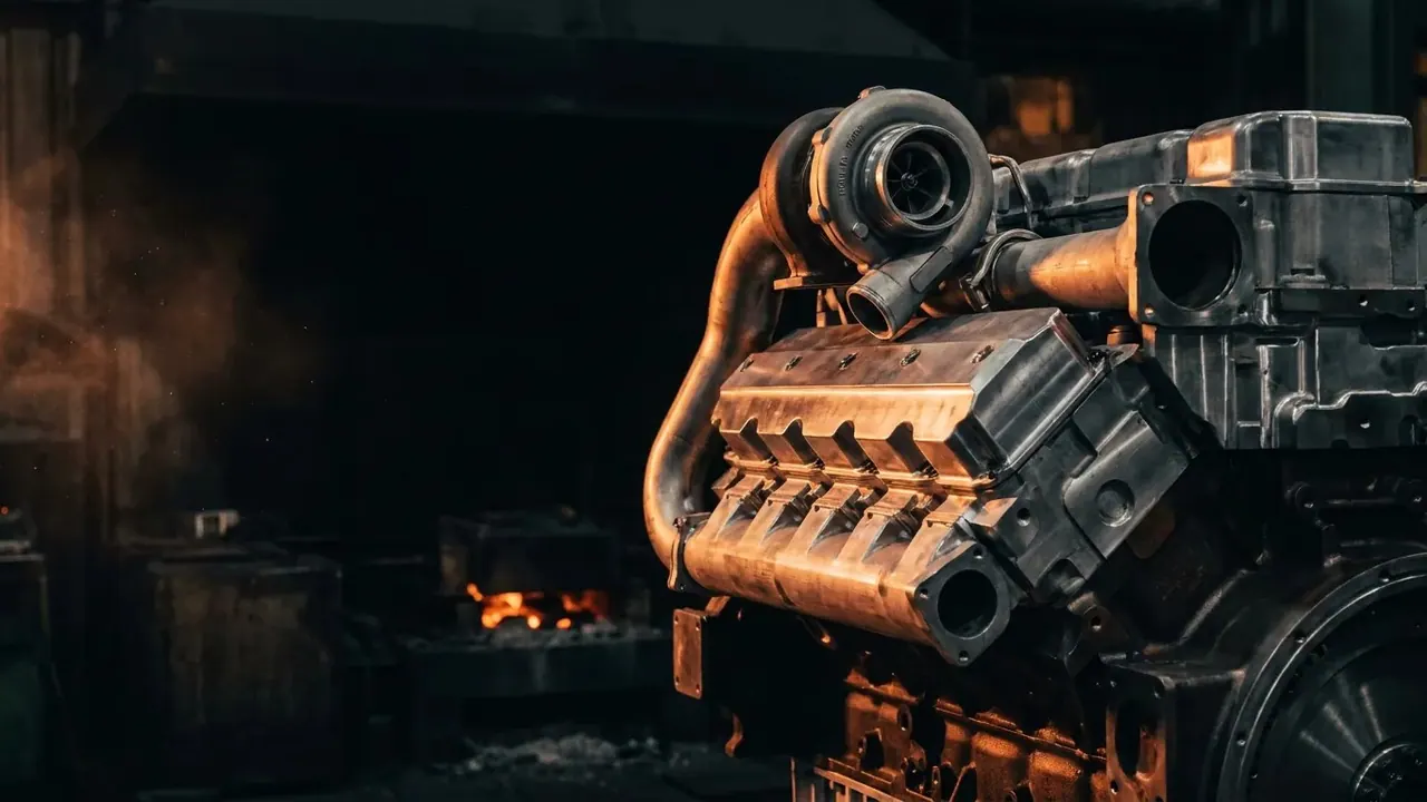 A diesel engine lit by fire in a dark workshop.