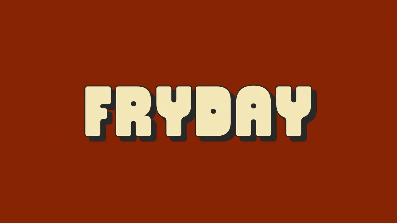 The FRYDAY wordmark in heavy cream letters on rust red.