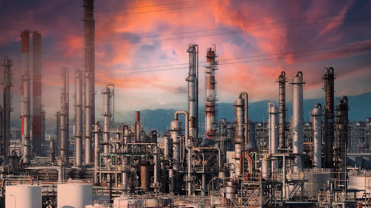 A refinery skyline under a pink and orange evening sky.