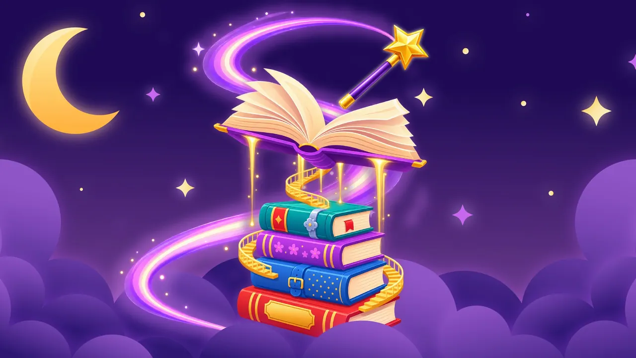 A glowing spellbook spiralling out of a stack of books under a crescent moon.