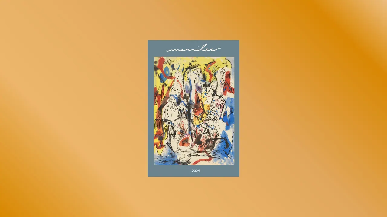 A Merrilee label with an expressive abstract painting, on a warm orange ground.