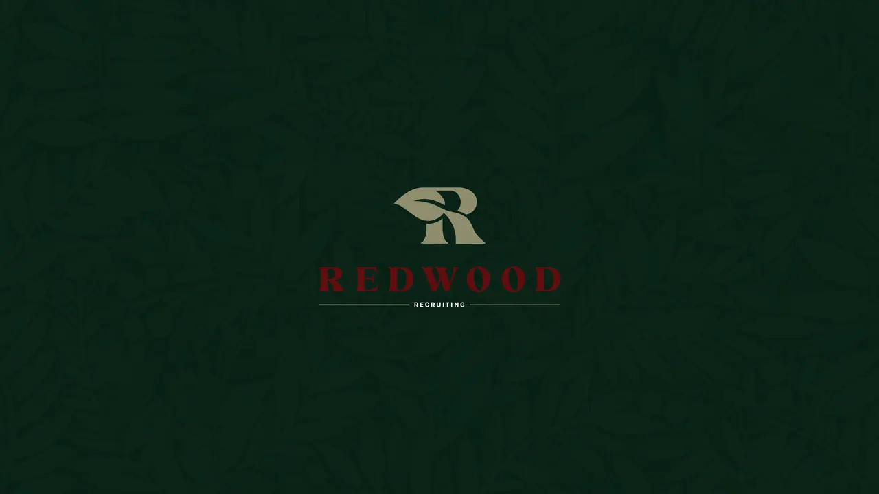 The Redwood Recruiting R mark and wordmark on a deep green patterned ground.