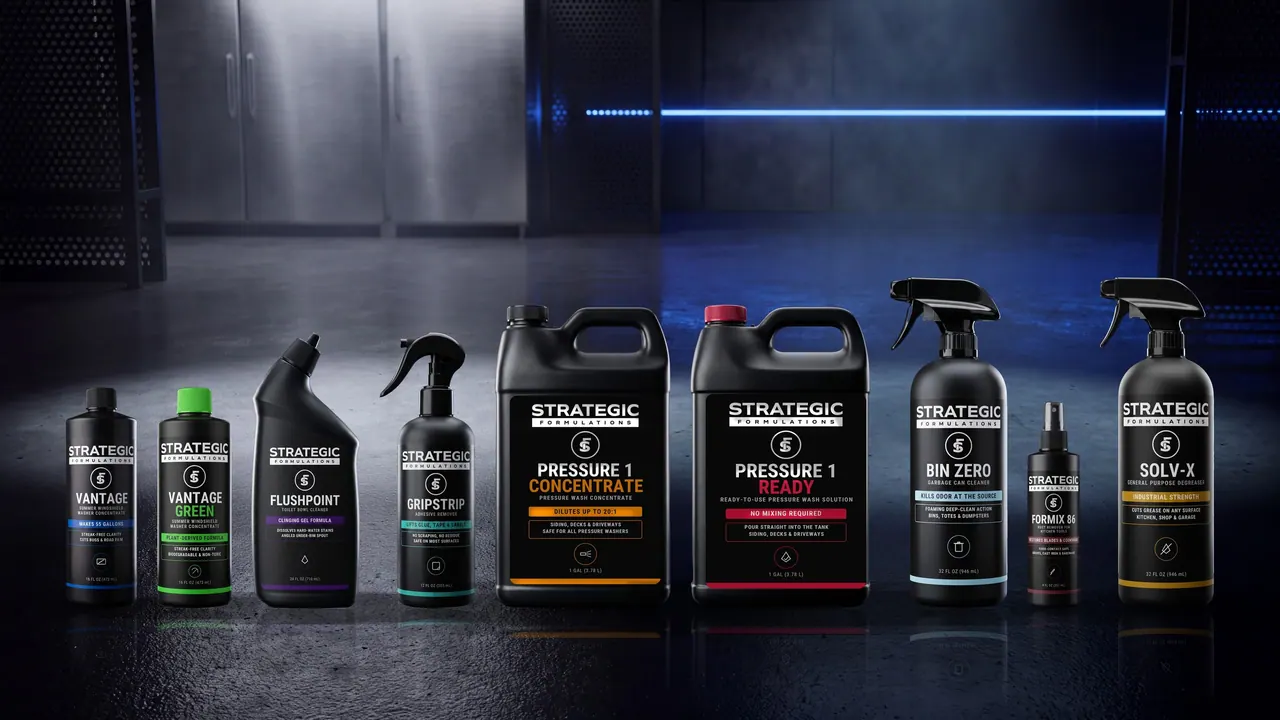 A row of black Strategic Formulations bottles and jugs, each with one colored band, on a dark floor.
