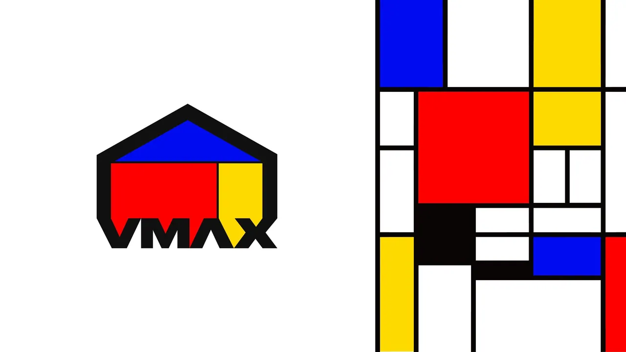 The VMAX house-shaped mark beside a Mondrian-style grid of red, blue and yellow.