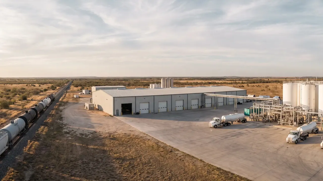 An aerial view of the VRC facility with rail cars and tankers.